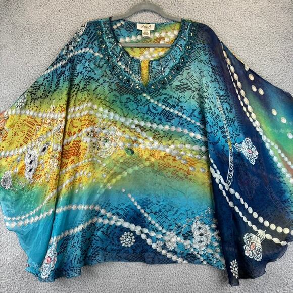 Aris A Silk Top Large Sheer Boho Artsy Gauzy Beaded Embellished Colorful USA - Picture 1 of 11